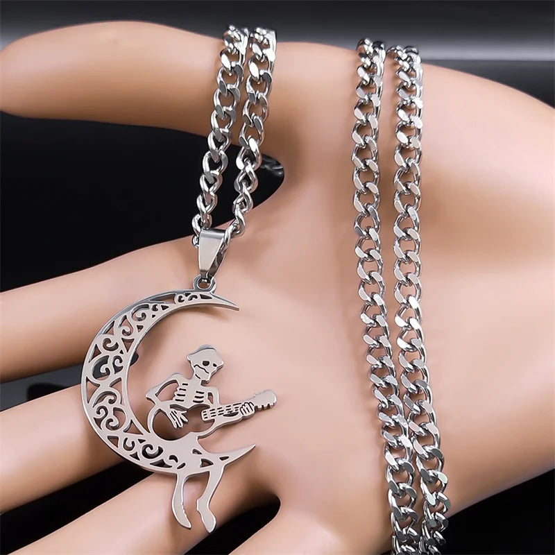 Moon Crescent Skeleton Skull Guitar Necklace – Stainless Steel Silver Jewelry for Women