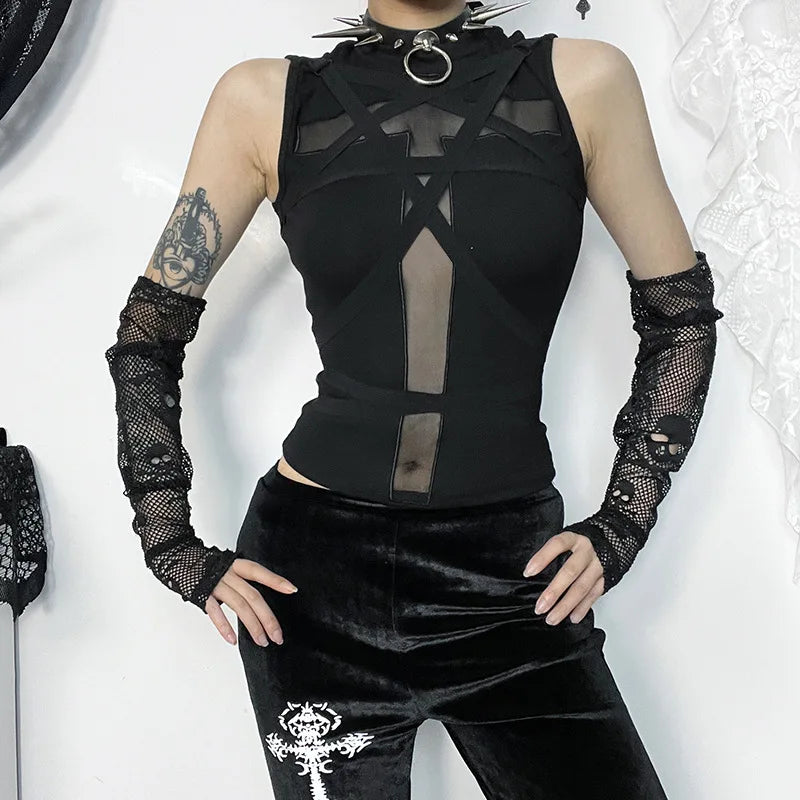 Goth Dark Fairy Grunge Sheer Mesh Crop Top - Gothic Bandage Sleeveless Tank for Women