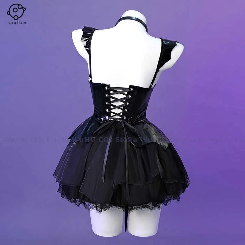 Demon Cosplay Costumes Black Lace Sexy Leather Dress Women Cute Sexy Evil Anime Couple Uniform Backless Dress Gloves Skirt