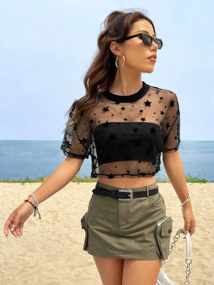 Summer Outfits Star Print Drop Shoulder Crop Mesh Top Without Camisole