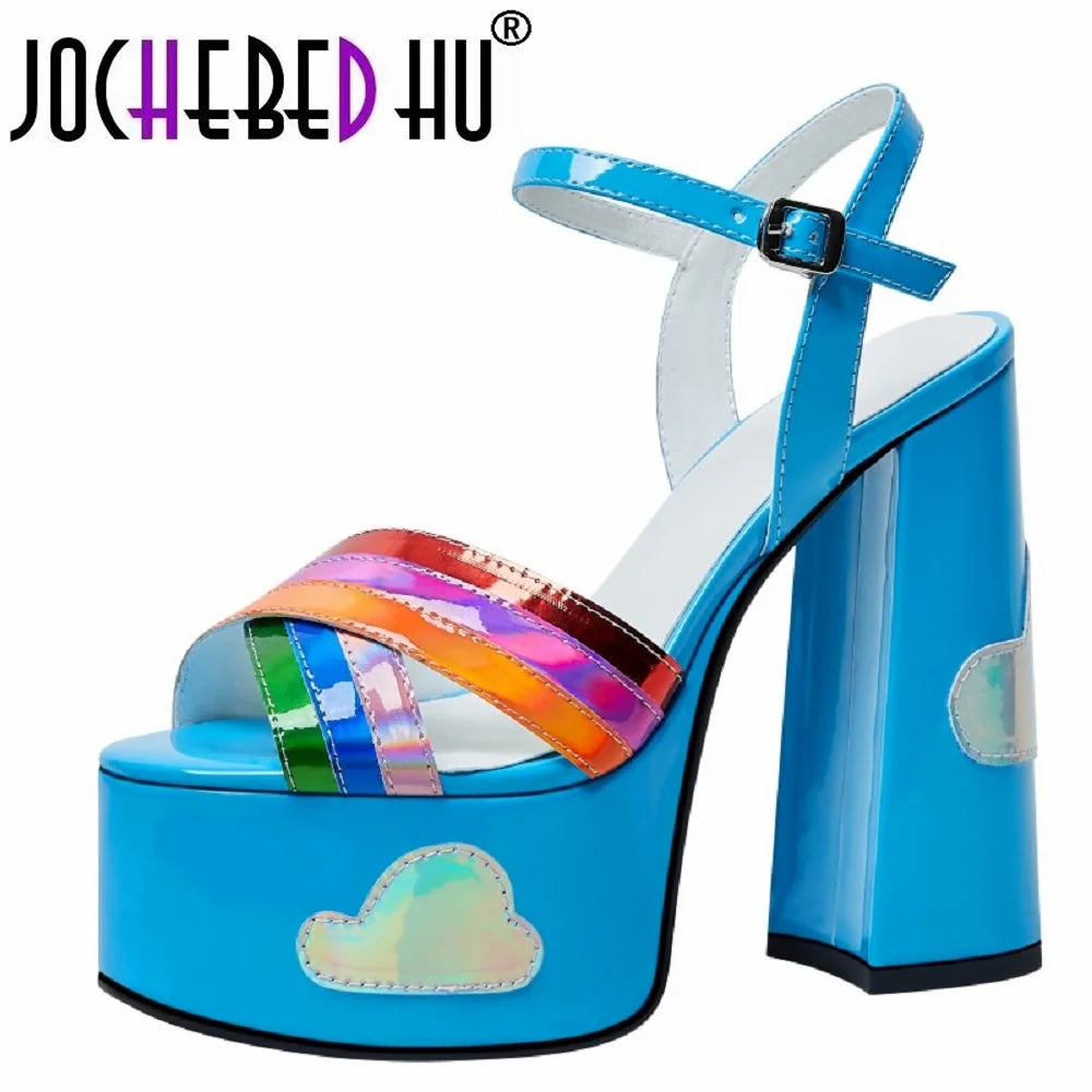 【JOCHEBED HU】Holographic Rainbow Platform Sandals – Chunky Heel, Slingback Ankle Buckle Strap, Peep Toe Hollow Sexy Fashion Shoes