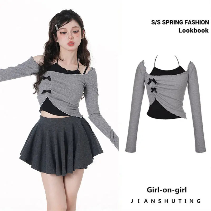 Y2K Grey Two-Piece Set - Spicy Girl Top with Slim Sexy Hot-Sweet Women's Short Shirt, Off-Shoulder Long-Sleeved T-shirt with Hanging Neck Bow