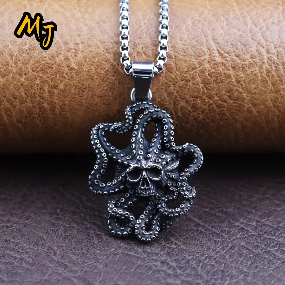 Gothic Octopus Skull Pendant Necklace for Men | Unique Vintage Stainless Steel Animal Necklace | Fashion Biker Jewelry