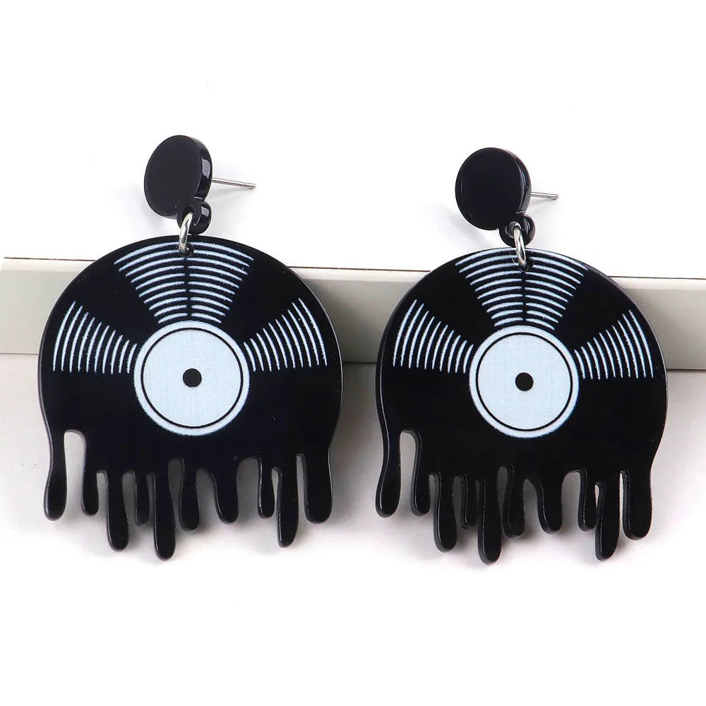 New Black Melted DJ Vinyl Record Acrylic Halloween Earrings for Women - Hip Hop CD Tape Disc Dangle Earring, Personalized Jewelry