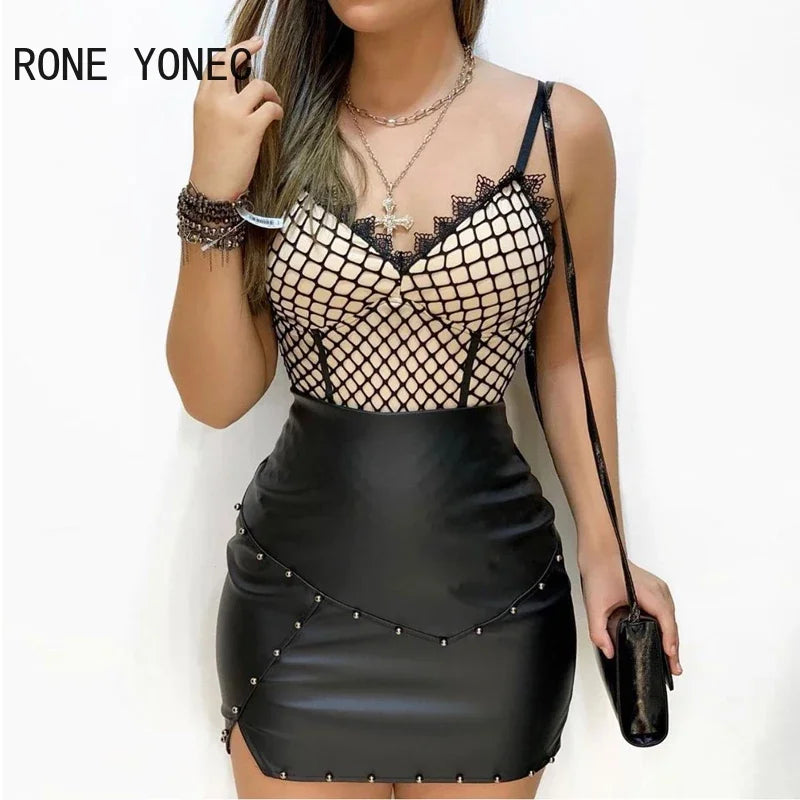 Women Chic Solid Black PU Leather Bodycon Skirt with Rivet, Small Slit, and Bright Line Decoration