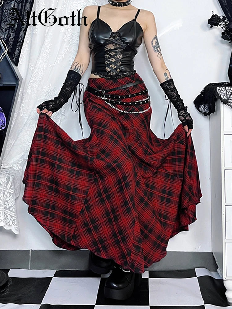 AltGoth Vintage Gothic Red Plaid Skirt for Women | Harajuku Streetwear Cyber Y2K High Waist Trumpet Skirt | Aesthetic Coquette Partywear