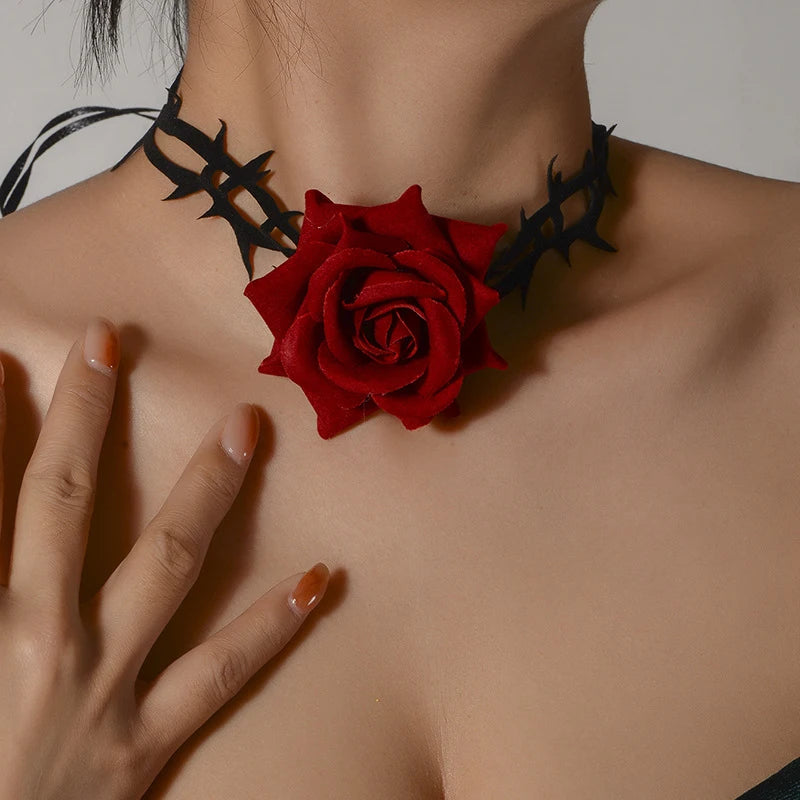 Retro Flower Adjustable Rope Collar Necklace | Gothic Thorny Red Rose Choker for Halloween Cosplay Party Accessories