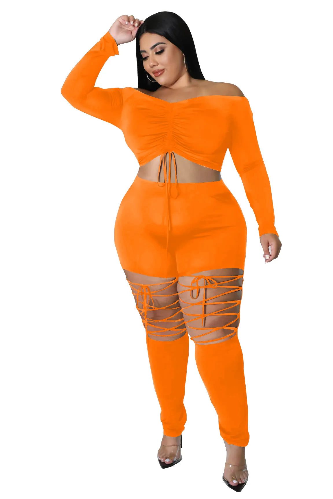 Women's Sexy Club Solid Outfits: Drawstring Crop Top and Bandage Pants Plus Size Two-Piece Sets