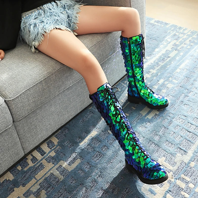 Women’s Sequin Round Head Lace-Up Thick Bottom Calf-High Boots