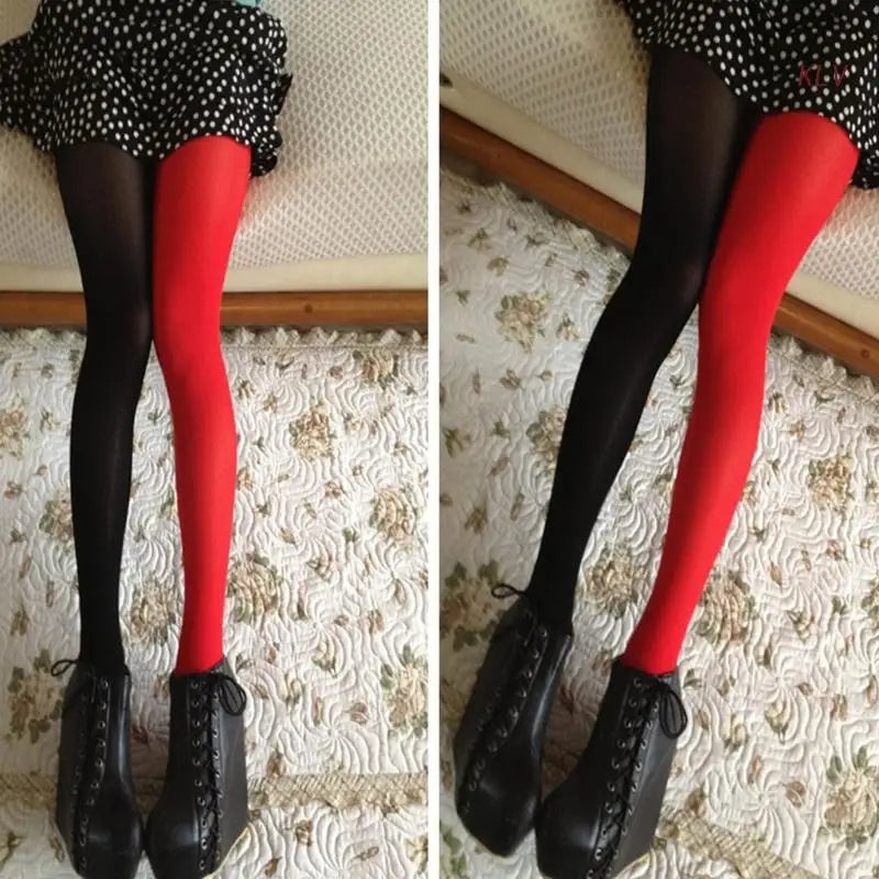 Women Two-Toned Tights Elastic Breathable Footed Leggings Christmas Thigh High Stockings Full Length Tights Leggings