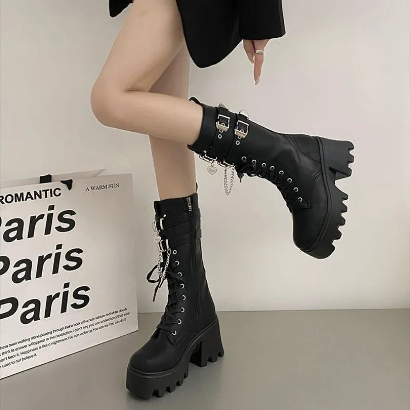 Women's Punk Gothic Buckle Chain High Heel Mid Calf Boots - Black PU Leather Fashion