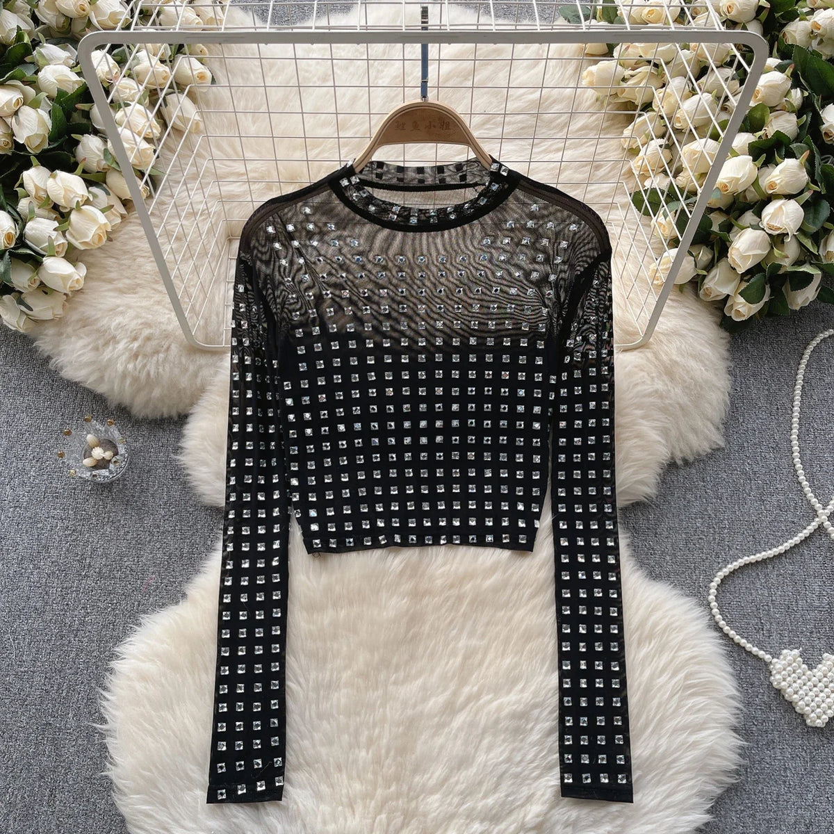 Women Chic Gauze Mesh Sheer O-neck Long Sleeve Rhinestone Perspective Solid Slim Sexy Korean T-shirt Fashion Summer Women Shirt