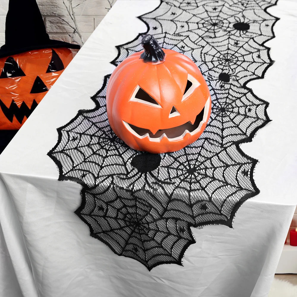 Halloween Bat and Spider Web Table Runner - Lace Cobweb Door Curtain, Ideal for Gothic Halloween Decoration