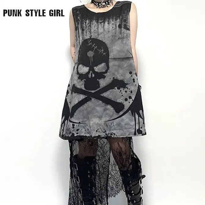 Gothic Punk Rock Skull Dress | Y2K Emo Fairy Grunge Mini Dress | Dark Academia Aesthetic Long Shirt for Halloween