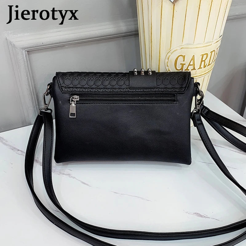 JIEROTYX Vintage Skull Print Women's Handbag - Black Leather Punk Flap Shoulder Bag with Rivet Buckle Details