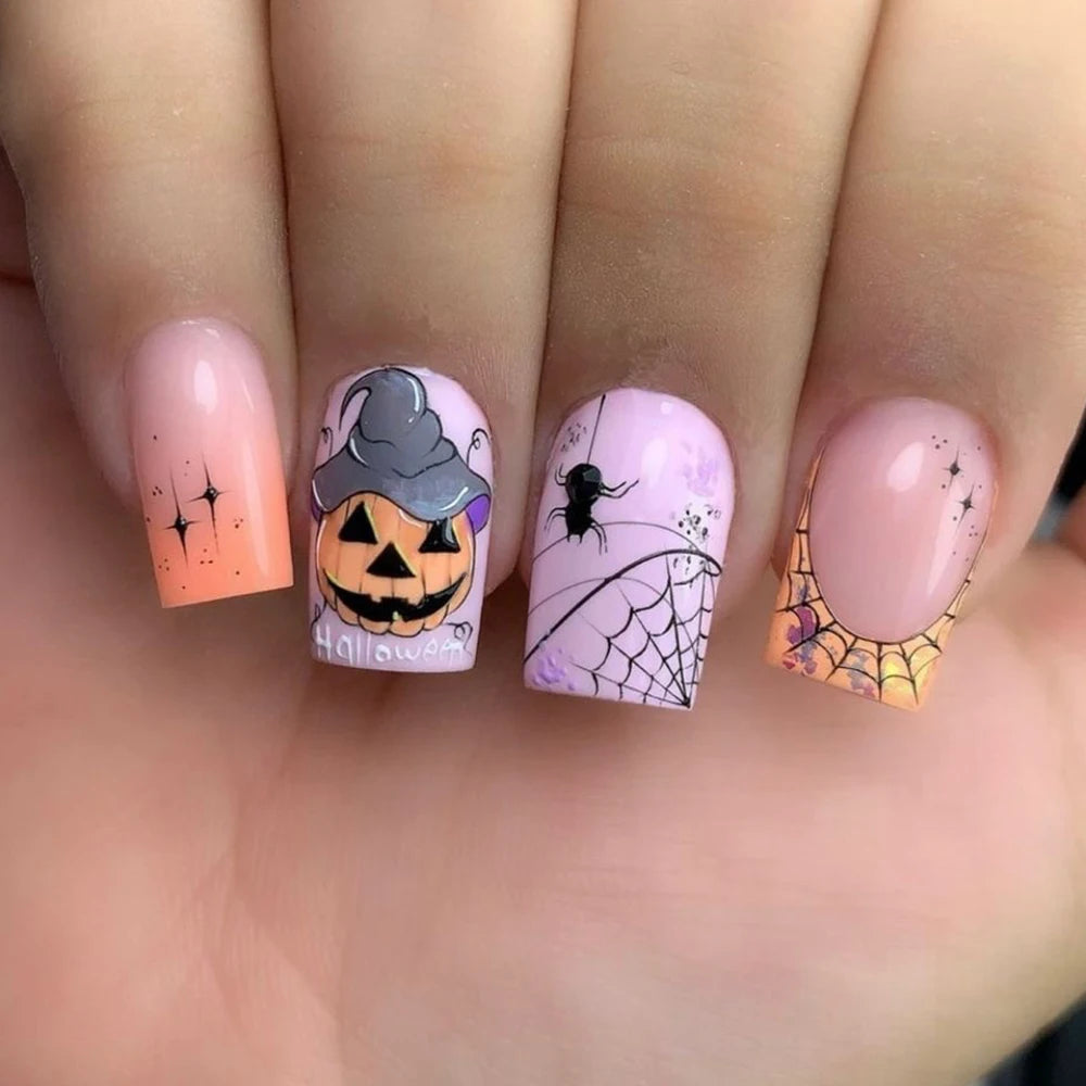 24pcs Halloween Simple Square Press-On Nails – Colorful Flower Design Full Cover Fake Nail Tips