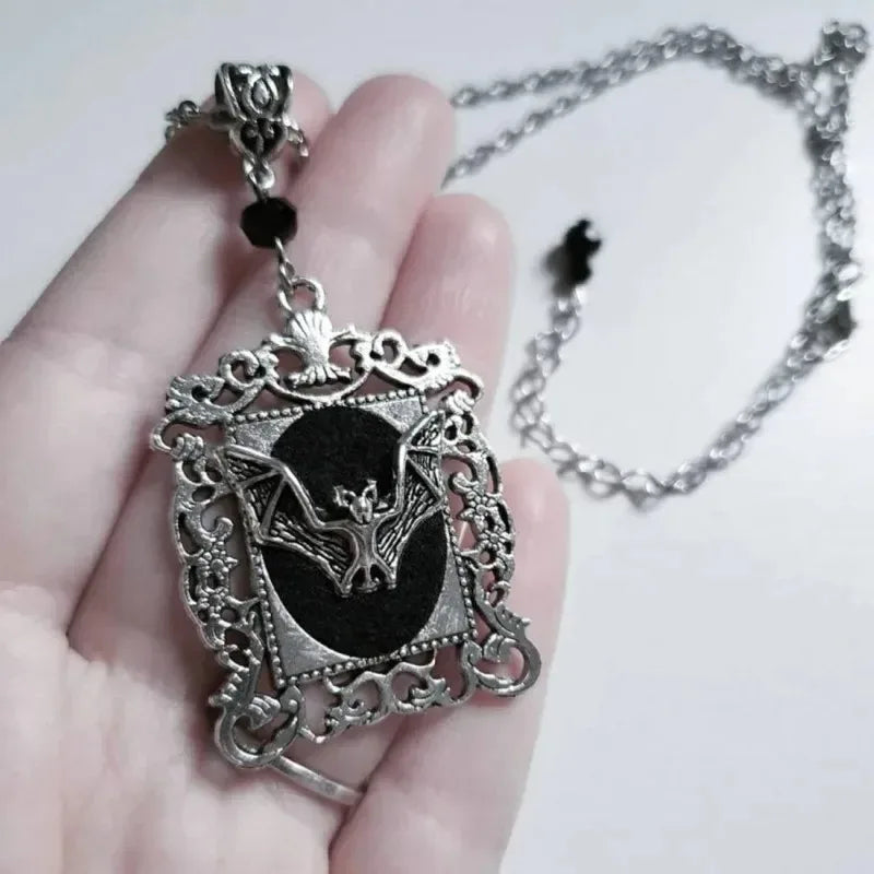 Goth Bat Cameo Vampire Pendant Necklace - Crystal Jewelry Gift for Women or Men, New Fashion Witch Accessories