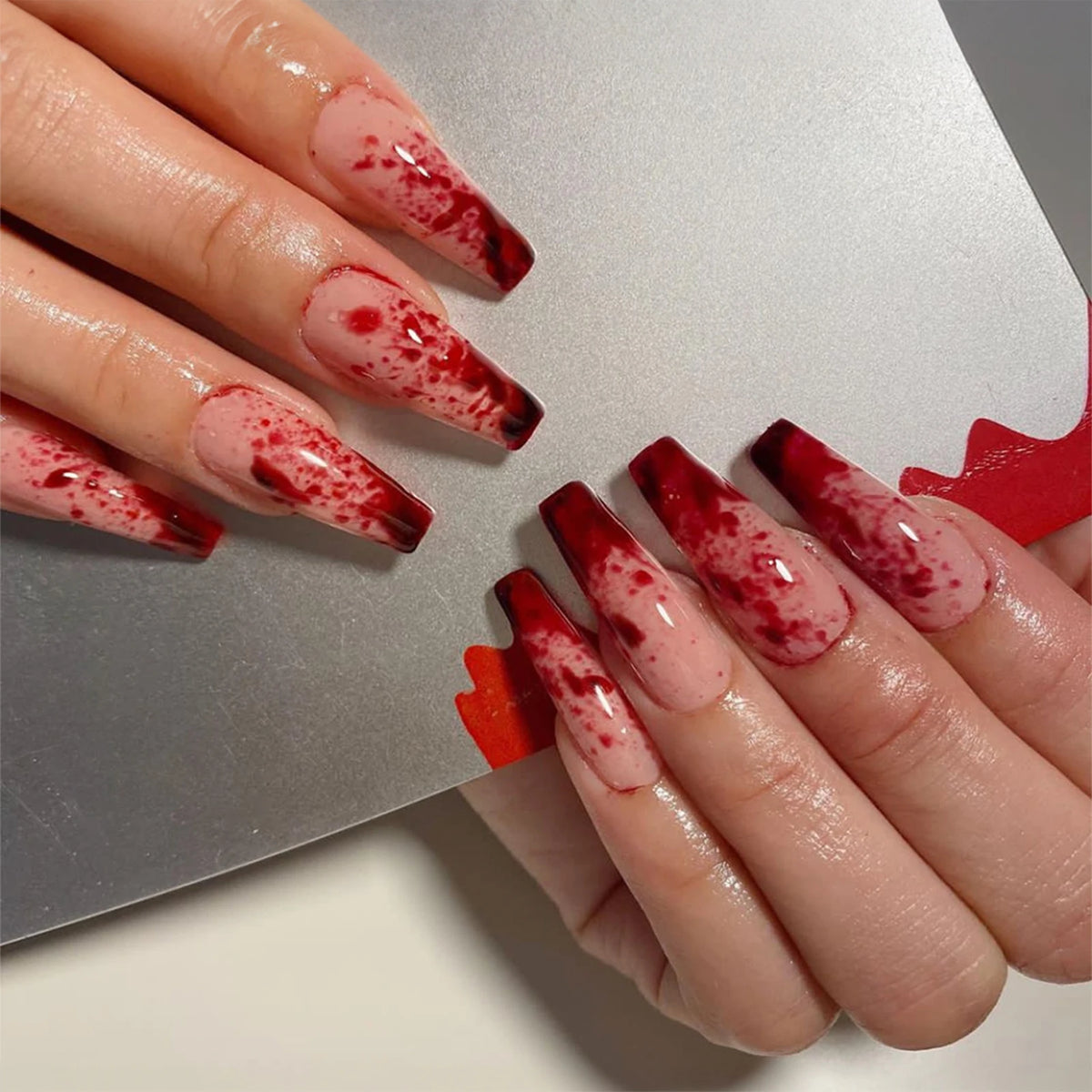 24pcs Halloween Blood Drops Gradient Press-On Nails - Super Long Ballerina Shape, Finished Manicure Art