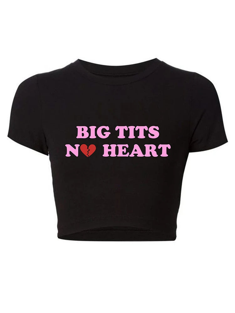 Big Tits Not Heart Funny Meme Women's Cropped Top - Harajuku Baby Tee, 2000s Grunge Goth T-Shirt, Kawaii Sexy Club Wear