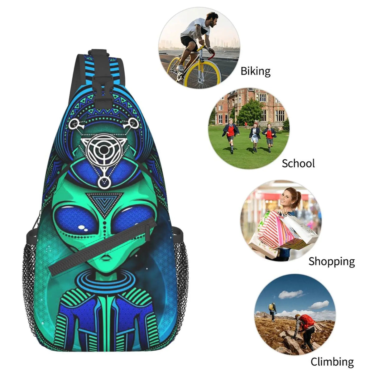 UFO Alien & Triangle Lotus Crossbody Backpack | Unisex Sling Chest Bag for Hiking, Gym, Travel