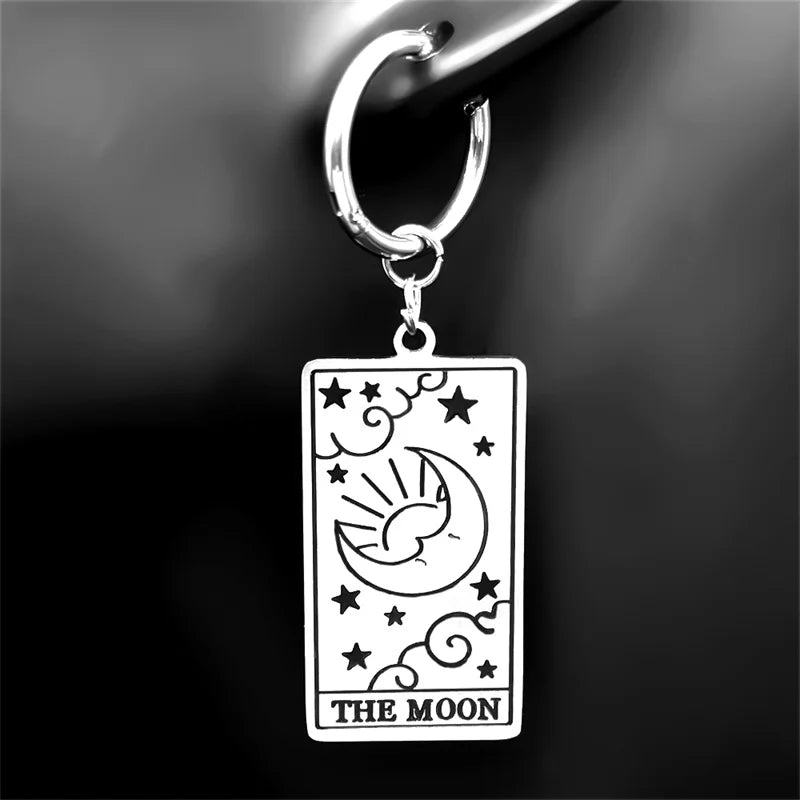 Stainless Steel Hamsa Hand & Compass Hoop Earrings – Silver Retro Moon Sun Tarot Card Jewelry for Women