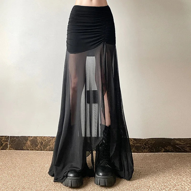 Yangelo Gothic Street Style Pure Color Slim Fit High Waist Net Yarn Split Skirts 2024 Summer Women's Fashionable Skirt