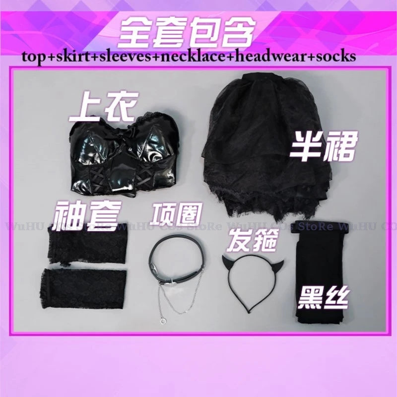 Demon Cosplay Costumes Black Lace Sexy Leather Dress Women Cute Sexy Evil Anime Couple Uniform Backless Dress Gloves Skirt