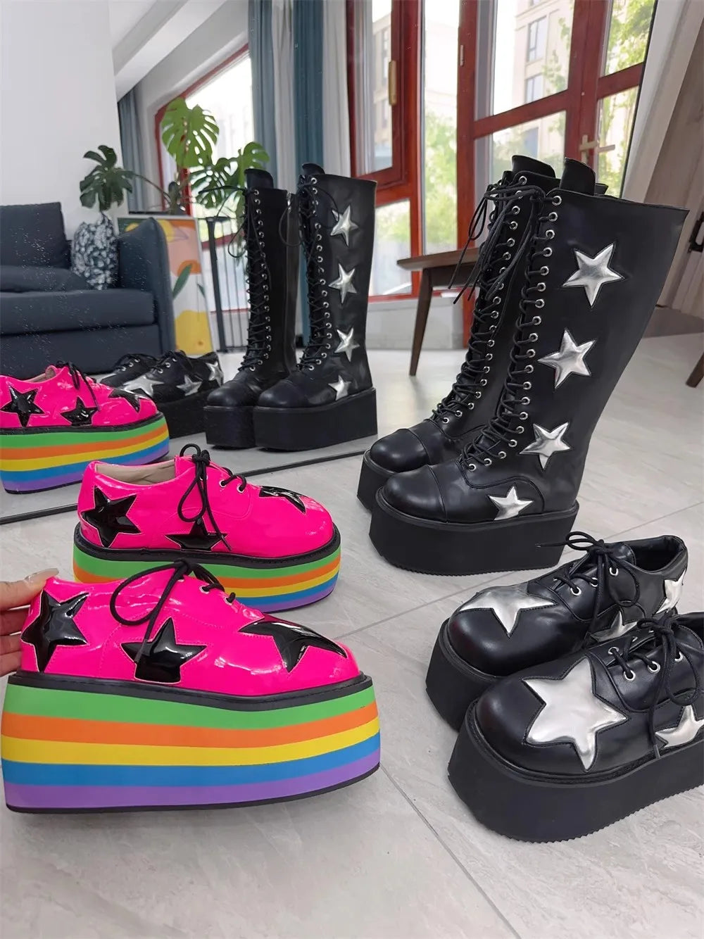 Women rose red PL customized shoes woman high thick wedges Heels pumps Lady Dress party shoes Rainbow Bottom five-pointed star