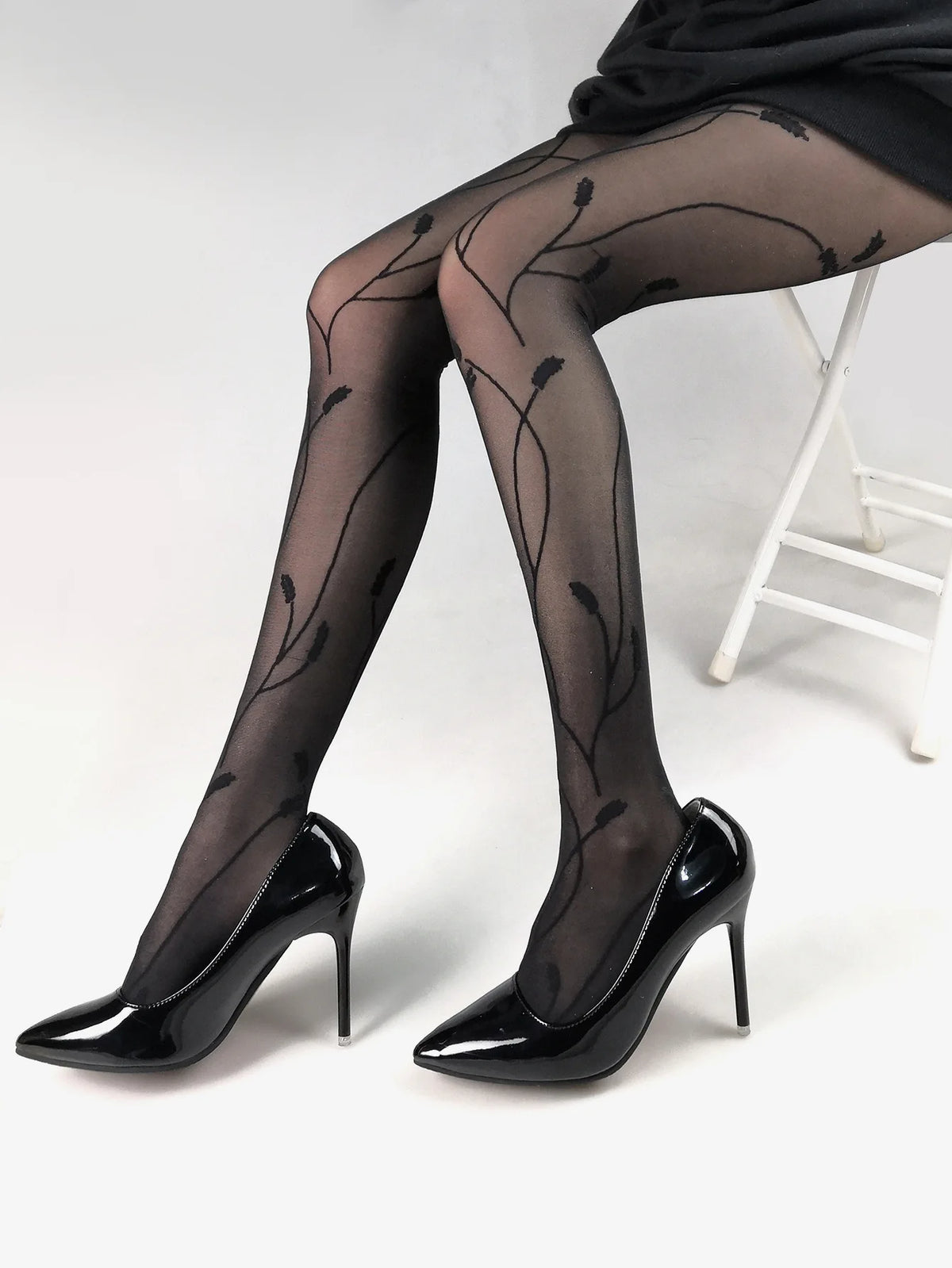 Women Black Sexy Mesh Tights Vine Patterned Print Nylon Pantyhose Female Silk Nightclubs Stockings Tights