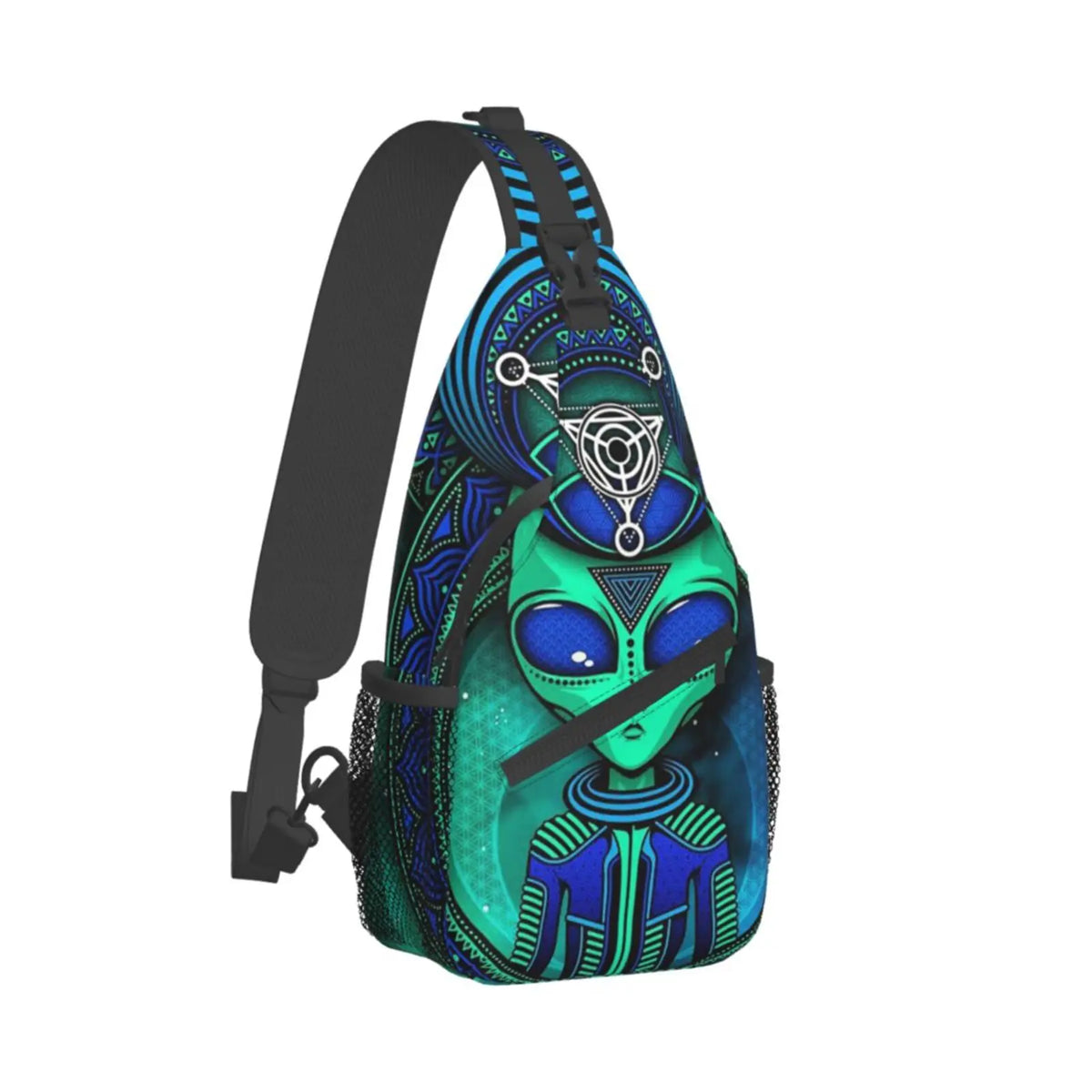 UFO Alien & Triangle Lotus Crossbody Backpack | Unisex Sling Chest Bag for Hiking, Gym, Travel