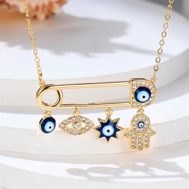 Female Eye Hand Round Pendant Necklace Cute Gold Color Jewelry For Women