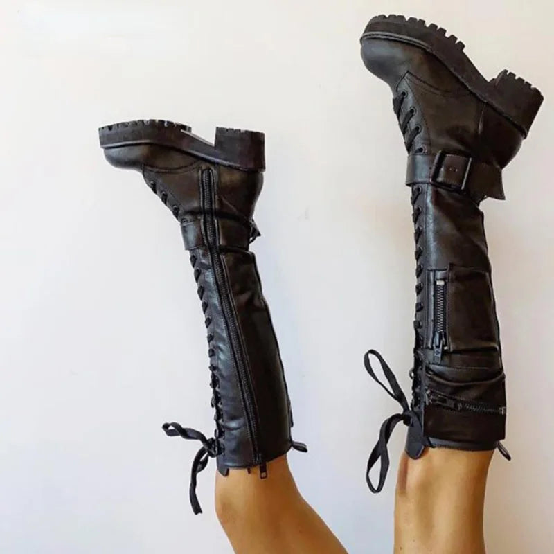 Knee High Boots: Cool Goth Zipper Design with Pocket and Lace-Up Detailing, Chunky Heel, High-Quality Shoes for Women, a Fashionable and Popular Choice