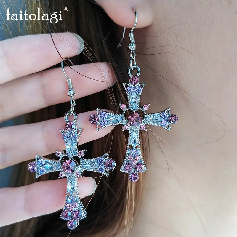 Goth Fancy Retro Pink Heart Cross Purple Zircon Drop Earrings