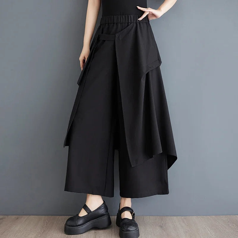 Solid Gothic High Waist Wide Leg Pants for Women - Chic Asymmetrical Design