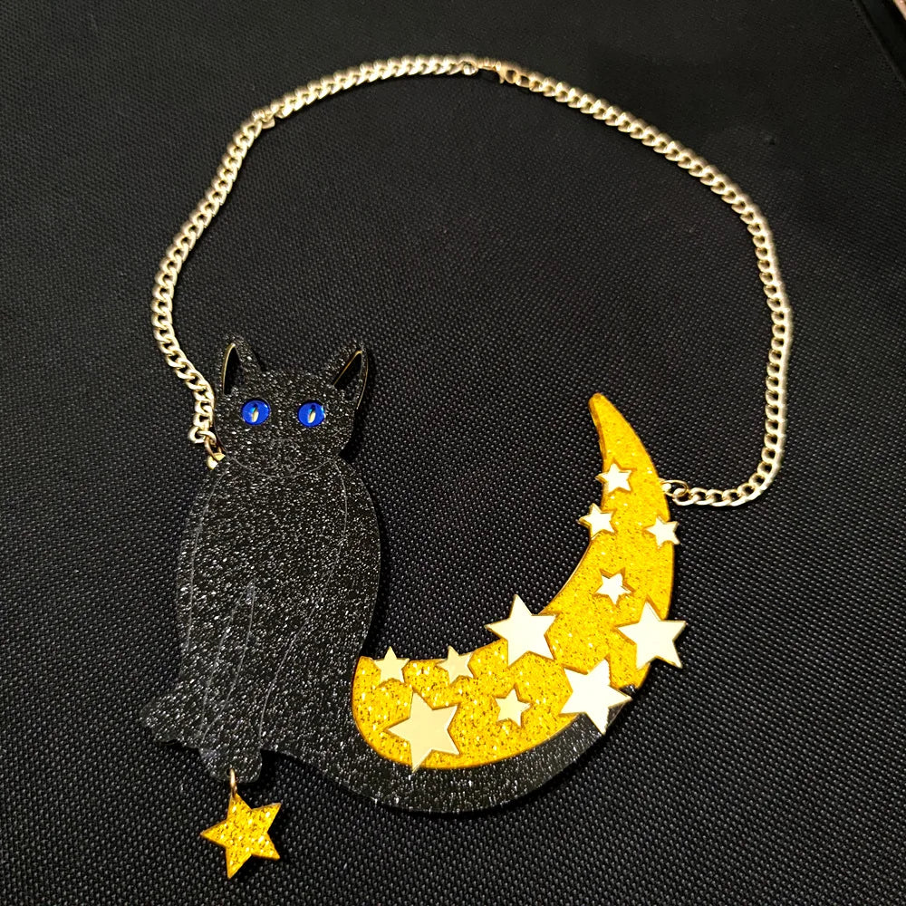 KUGUYS Large Black Cat Moon and Stars Pendant Necklace for Women, Gold Color Fashion Acrylic Sweater Chain Jewelry