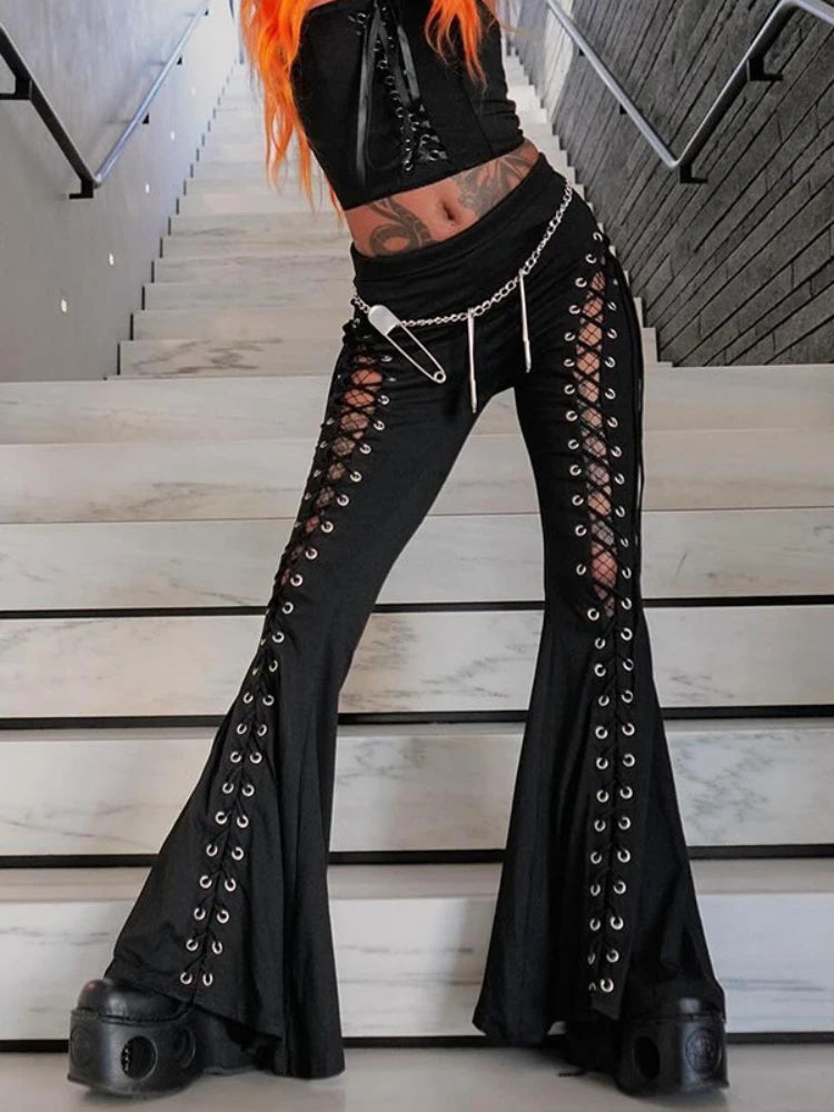 Gothic Bandage Cut Out Black Cyber Punk Lace Up High Waist Flare Dark Academia Pants