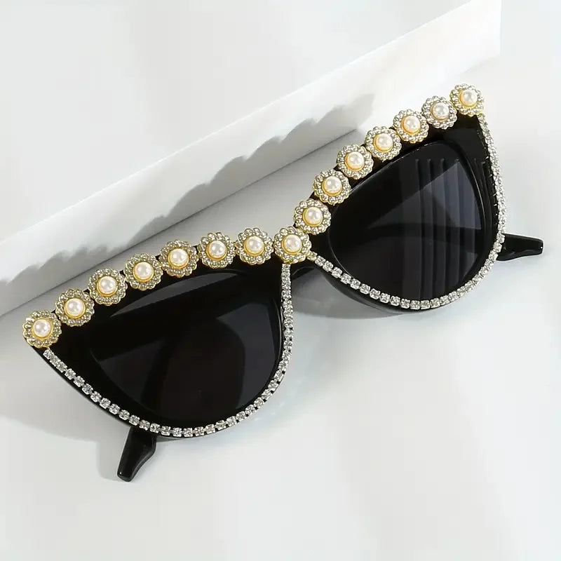 Fashion Vintage Diamond Pearl Cat Eye Sunglasses – Luxury Crystal Rhinestone Sun Glasses, Sexy Ladies Shades