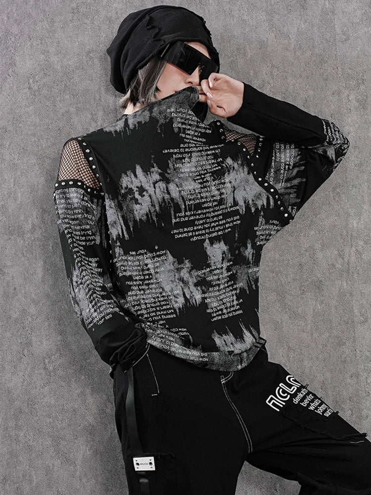 Winter Womens Fashion Sexy Mesh Rivet Off Shoulder Printed Tshirts Ladies Luxury Loose Casual Turtleneck Tops Vintage Streetwear