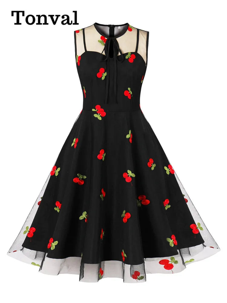 Tonval Cherry Embroidered Mesh Black Dress - Women's Sleeveless Prom Party Elegant Vintage Dress with Bow Neck and Keyhole, 2024 Collection