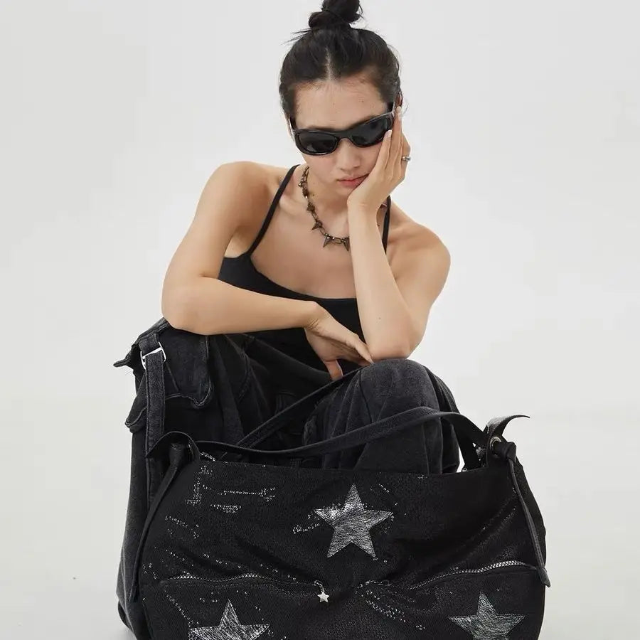 Y2K Star Girls Shoulder Bag Vintage Motor Style Handbag | High Capacity Grunge Messenger Bag Women's Commuter Tote Purse