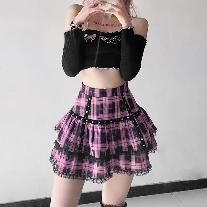 Lace-Up Goth Y2K Skirt - Pink Stripe Plaid with Lace Trim, Pleated School Skirt, Perfect for Punk Dark Academia Aesthetic E-Girl Clothes