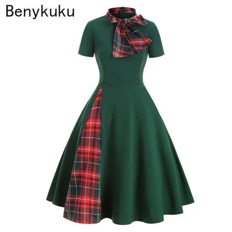 2024 Patchwork Plaid Summer Dress - Women's Vintage Rockabilly Swing Party Dress with Bow Collar