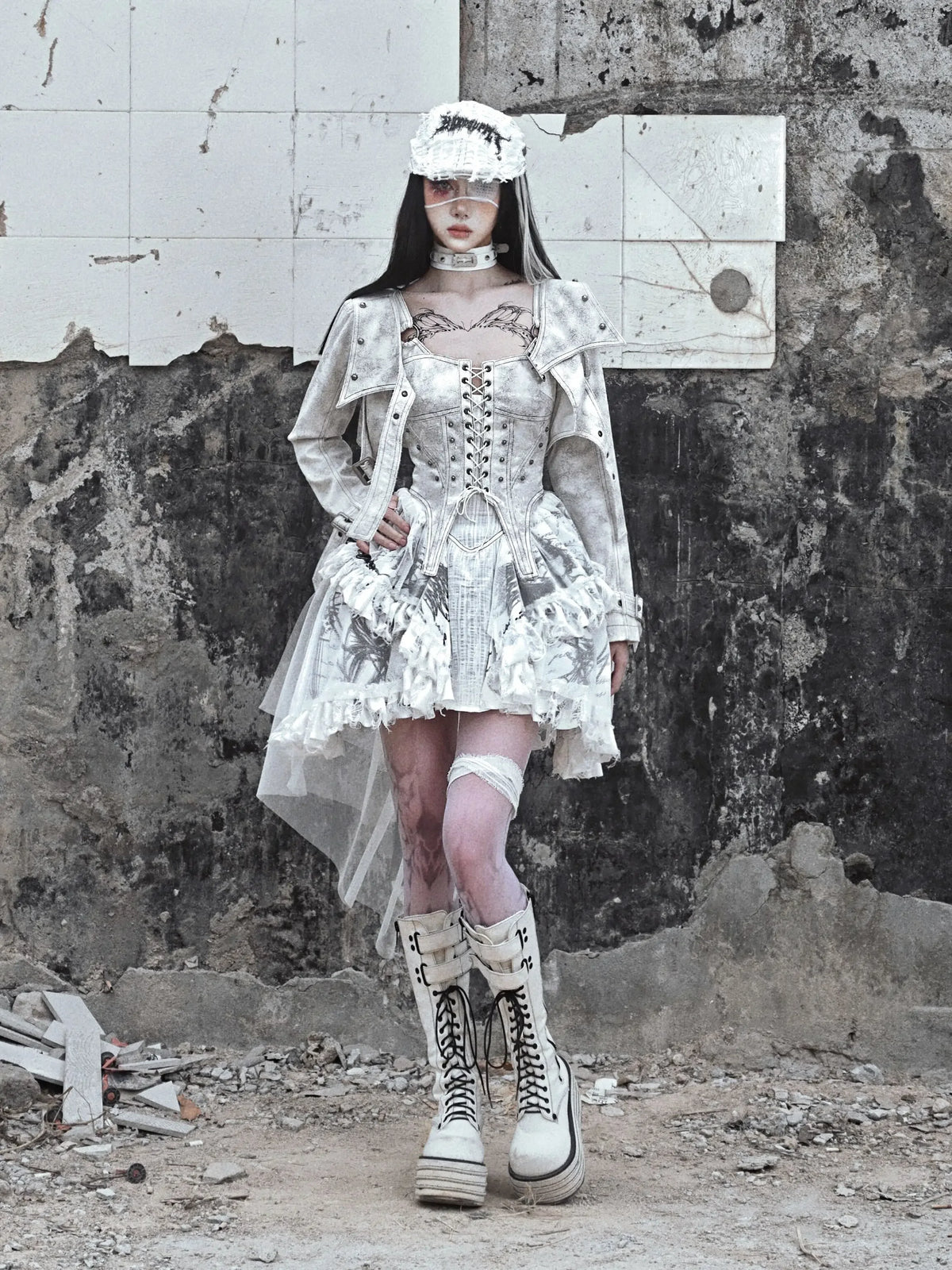 Blood Supply Original Madhouse Vintage Dress – Suede Strap, Punk Niche Trailing Print, Gothic Light Lolita White Dress