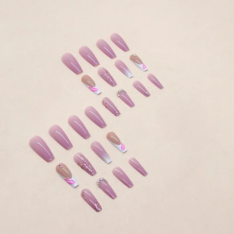 24 Pieces Fake Nails with 1 Nail Glue and 1 Nail File – Pink Lips and Gems Design