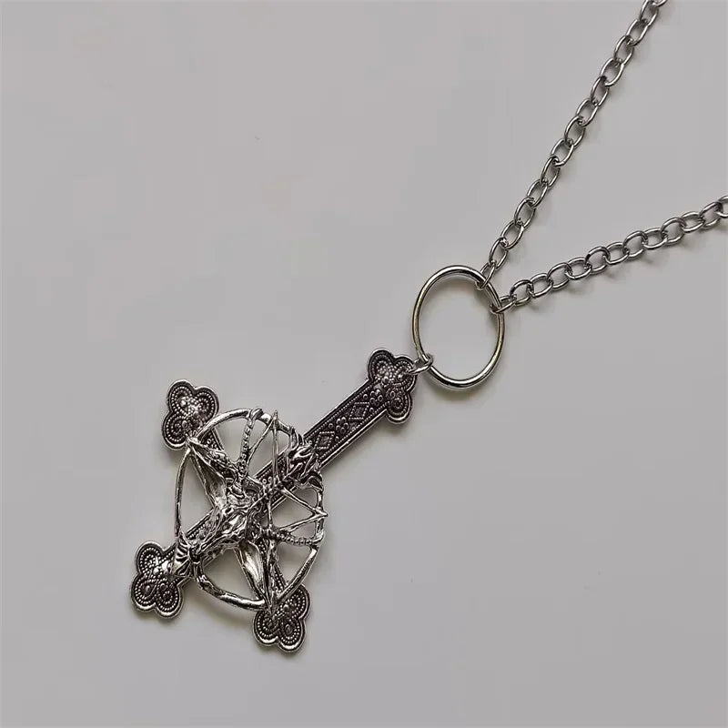 Baphomet Cross Necklace Inverted Upside Down Pendant Necklace Vintage Gothic Satanic Pagan Wiccan Druid Occult Jewelry