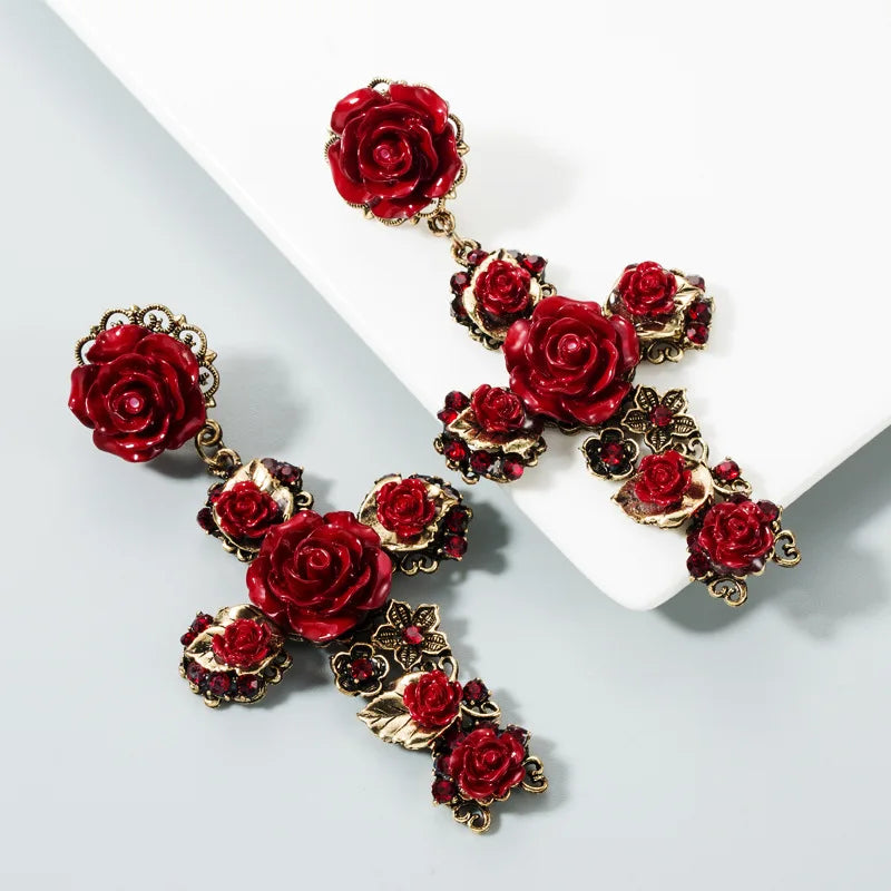 Japanese & Korean Baroque Rose Cross Earrings – Fashionable Long Retro Earrings for Women