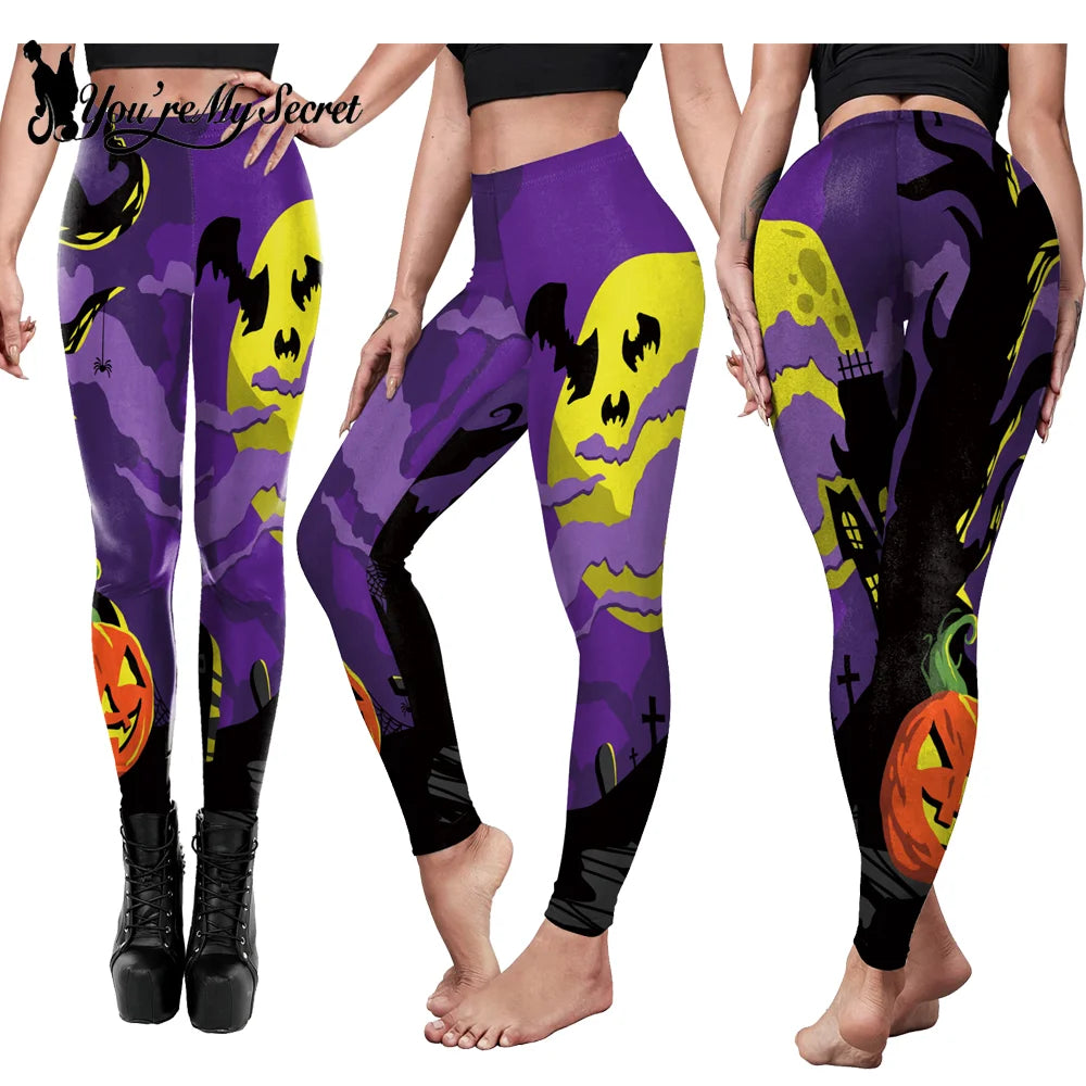 [You're My Secret] Women Skull Printed High Waist Stretch Pants Leggings Halloween Carnival Party Cosplay Costume Fancy Dress