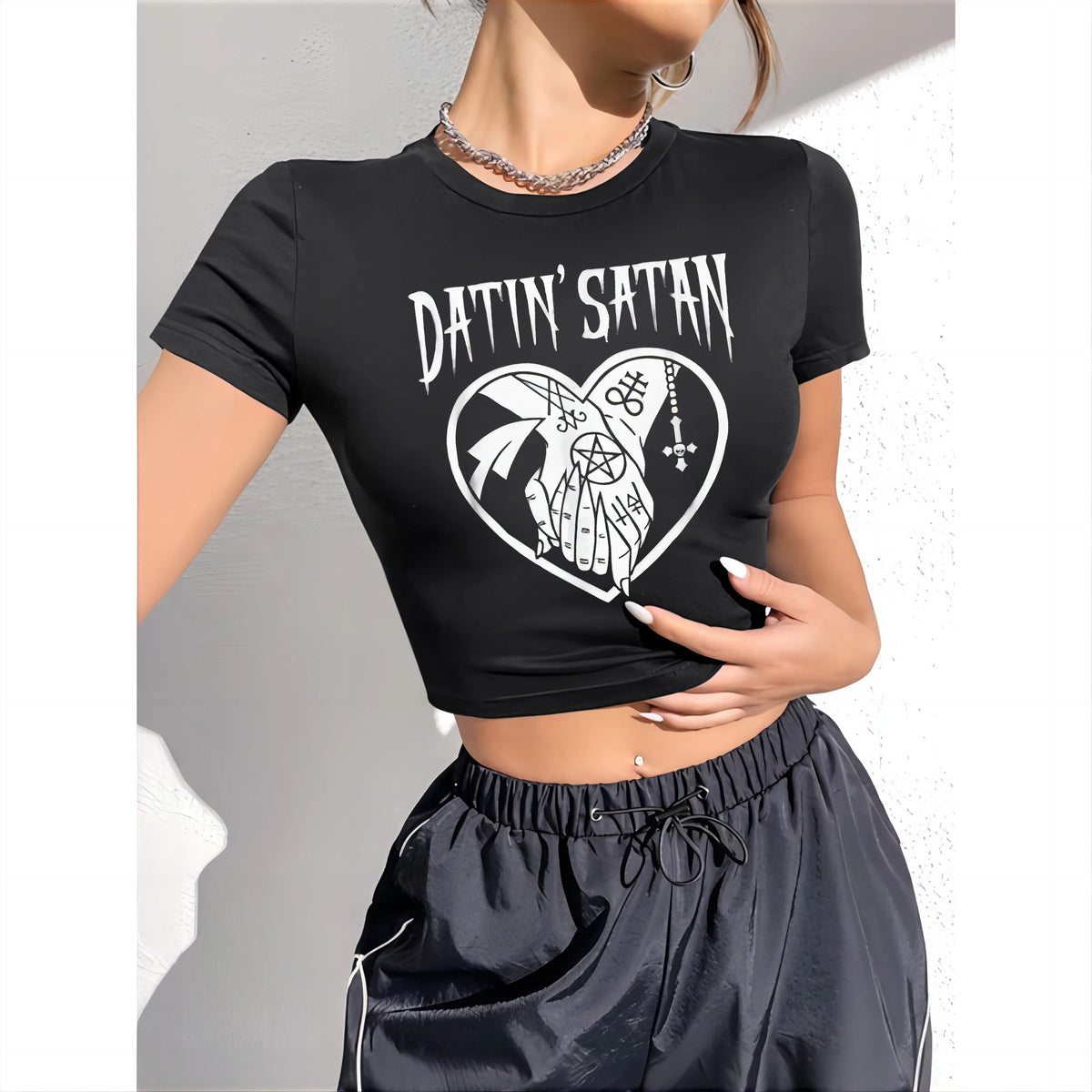 “Datin' Satan" Crop Top - Women's Short-Sleeved Round Neck | Horror & Occult Inspired