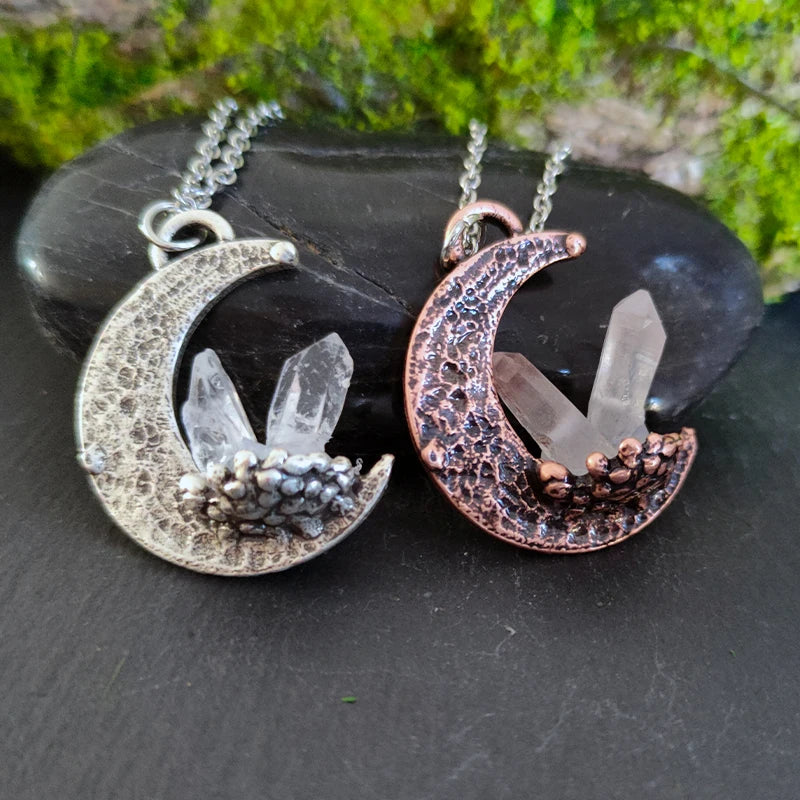Pagan Crescent Moon Healing Crystal Quartz Pendant Necklace – Occult Witch Celestial Jewelry for Women