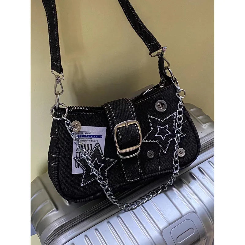 Y2k Fashion Women's Handbags Stars Pattern Cool Girls Underarm Bag Fashion Canvas Female Small Shoulder Bags Chain Tote Purses